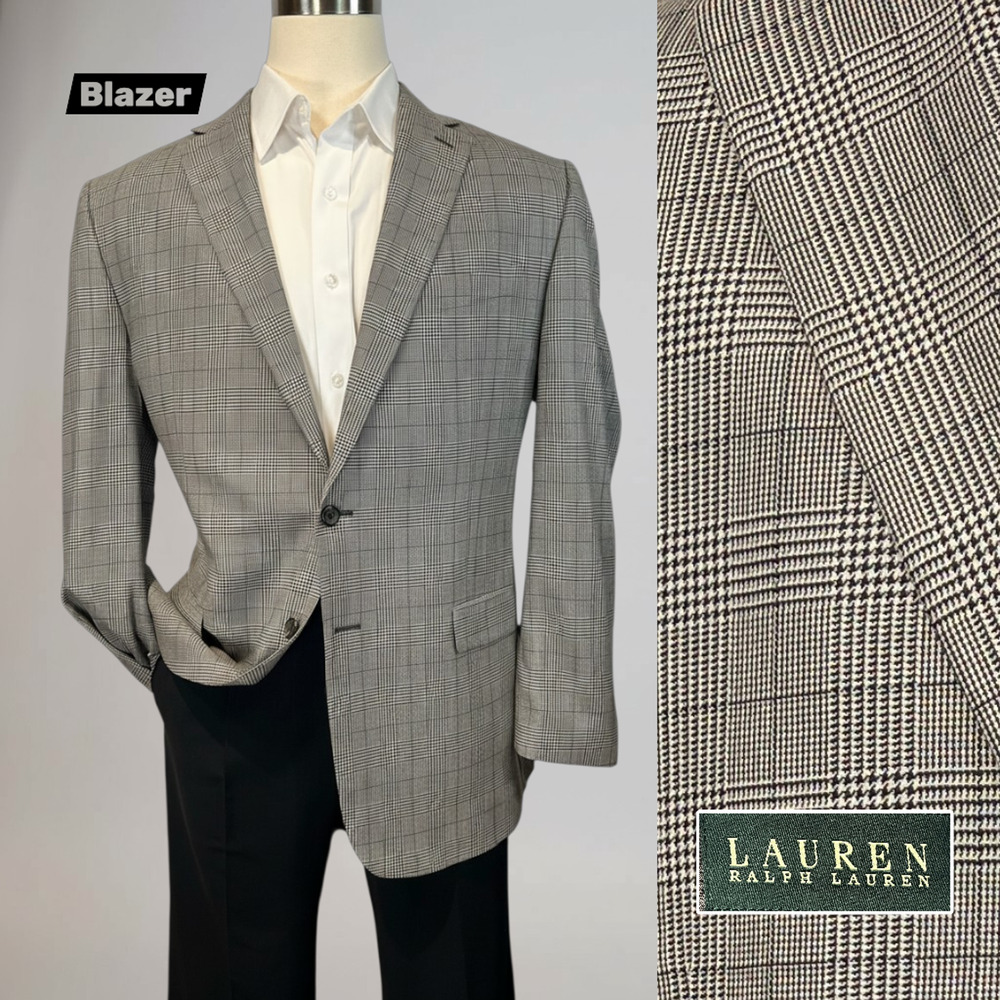 Ralph Lauren LRL 46L Black Ivory White Plaid Blazer Sport Jacket Silk Wool
